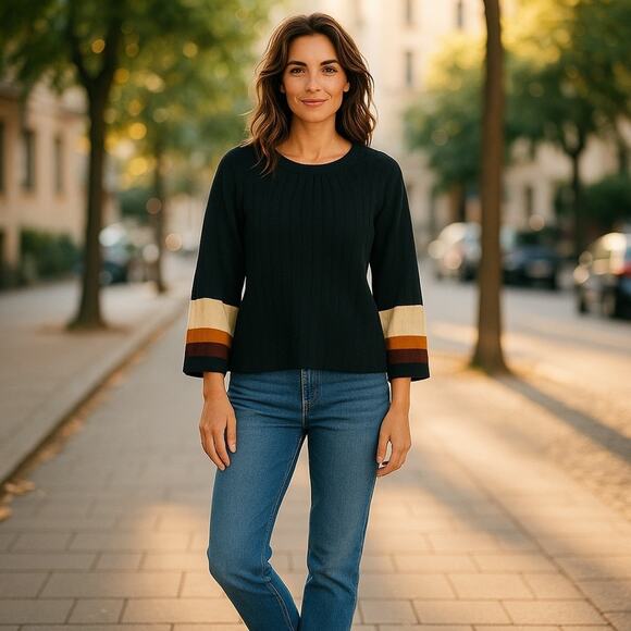 CLICHÉ Navy Wool Blend Sweater Small | Trendy Pleated Bell Sleeve Pullover - Picture 13 of 13